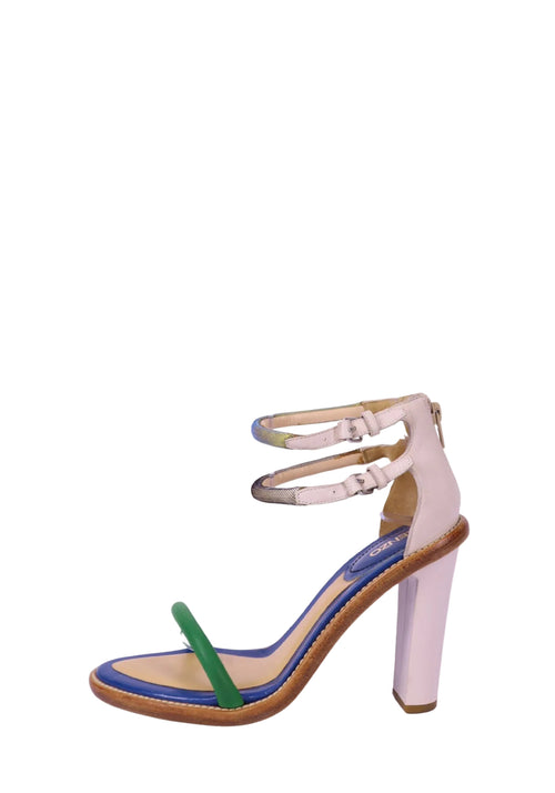 Kenzo multicolor leather strappy heeled sandals with blue insole, green front strap, and double ankle straps on high heel