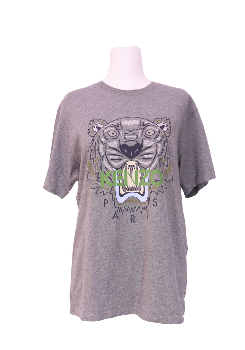 Kenzo grey cotton t-shirt featuring iconic tiger graphic print and Kenzo Paris logo.