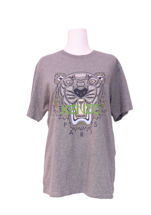 Kenzo grey cotton t-shirt featuring iconic tiger graphic print and Kenzo Paris logo.