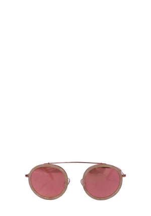 Authentic KREWE round sunglasses with a rose gold metal frame, blush acetate rims, and mirrored gold gradient lenses.