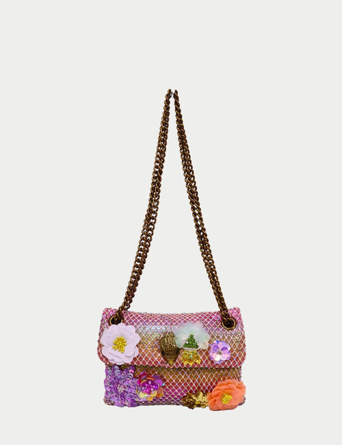 Kurt Geiger multicolor embellished shoulder bag with mesh overlay, floral appliqués, sequins, and gold chain strap