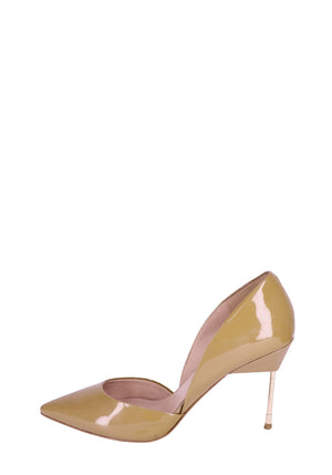 Kurt Geiger nude patent leather D’Orsay pumps with pointed toe and chrome stiletto heel