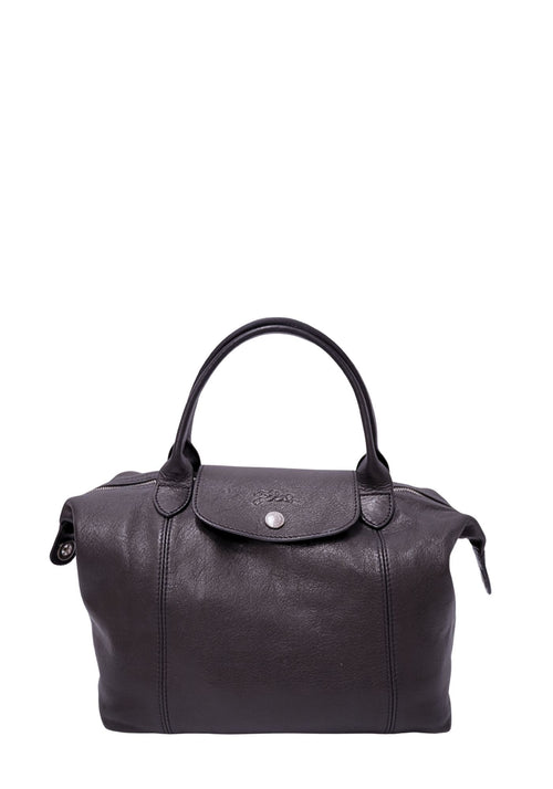 Longchamp Le Pliage Cuir black leather top handle bag front view