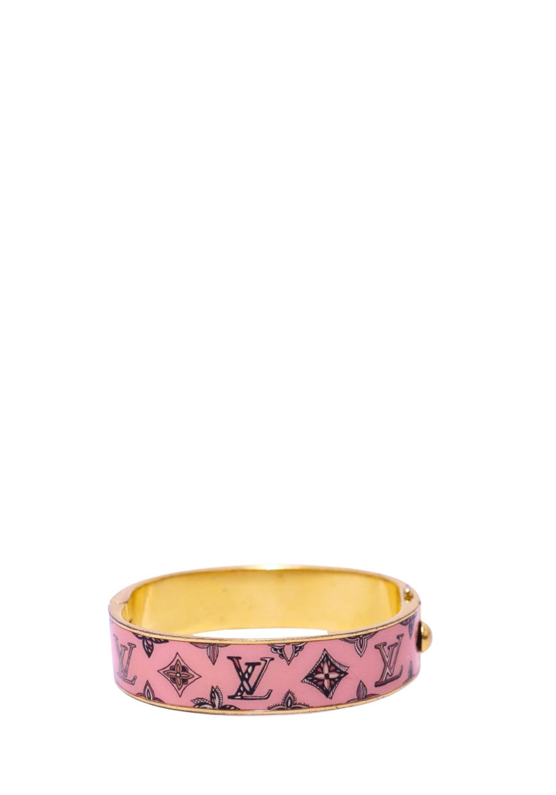 Louis Vuitton pink enamel hinged bracelet with LV initials, Monogram floral motifs and gold-tone hardware