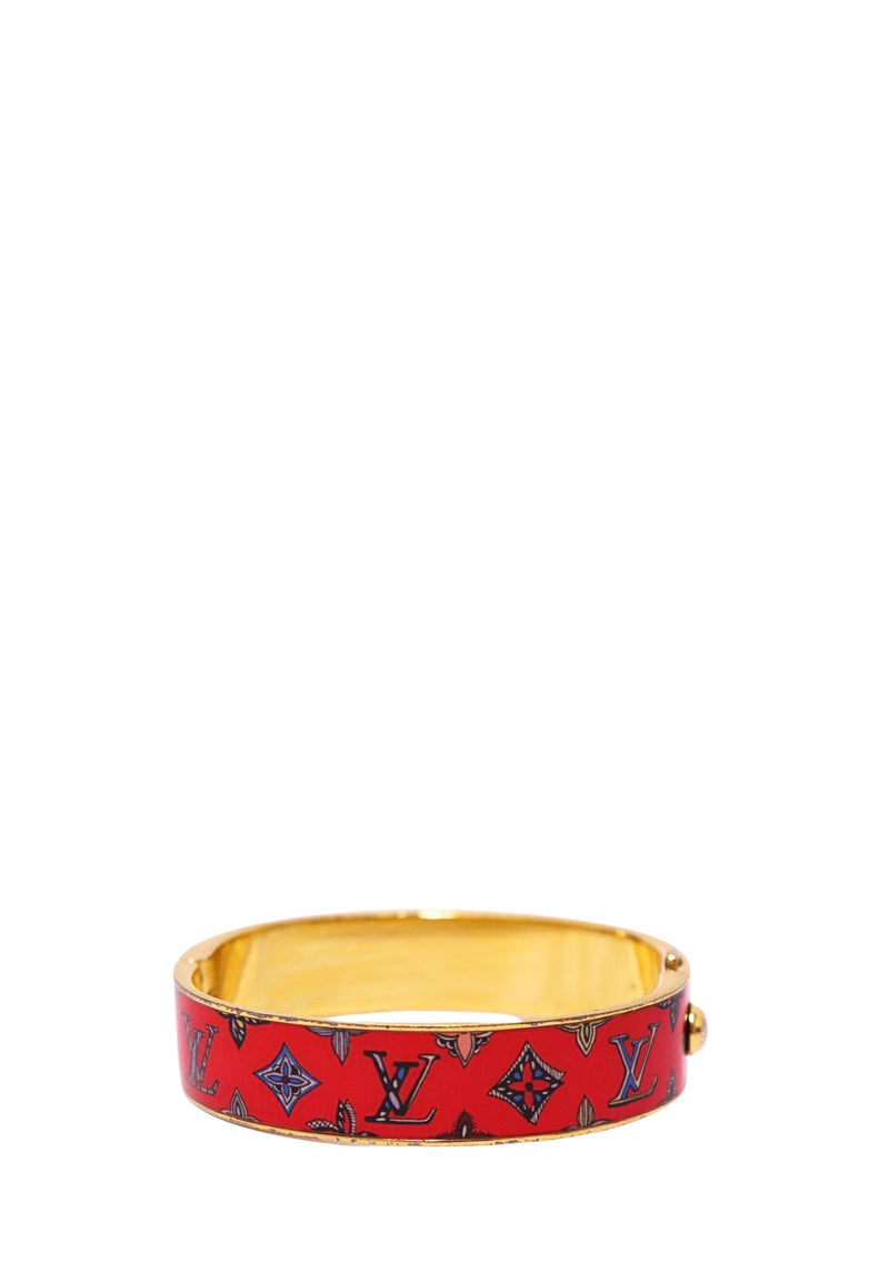 Louis Vuitton red enamel hinged bracelet with multicolor LV Monogram motifs and gold-tone hardware