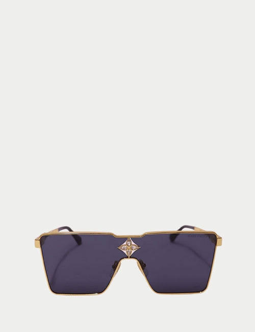 Louis Vuitton geometric gold sunglasses with black rectangular lenses and Monogram bridge detail