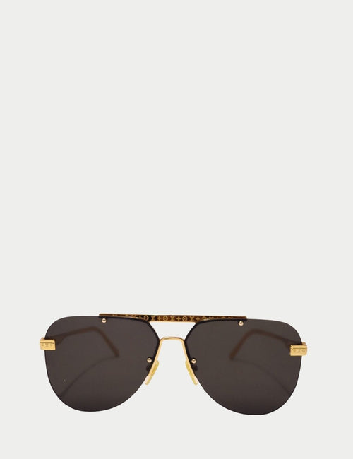 Louis Vuitton gold aviator sunglasses with monogram top bar and dark lenses