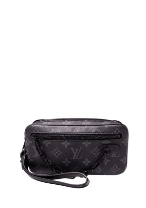 Louis Vuitton Monogram Eclipse black and grey canvas wristlet pouch with black-tone chain detail, front zipper pocket and leather wrist strap.