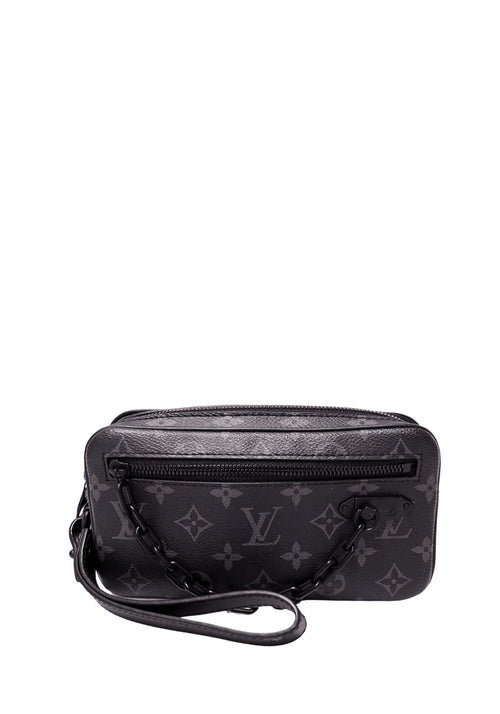 Louis Vuitton Monogram Eclipse black and grey canvas wristlet pouch with black-tone chain detail, front zipper pocket and leather wrist strap.
