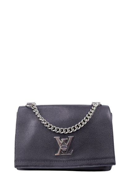 Louis Vuitton navy textured leather chain bag with silver-tone LV closure and chain strap