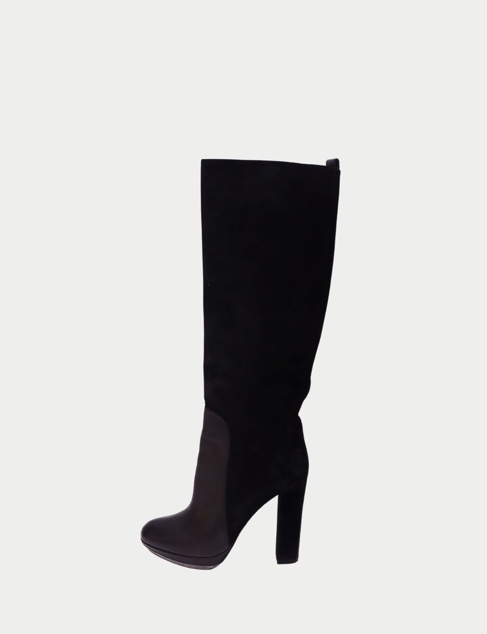 Step into timeless elegance with these Lanvin black knee-high boots, crafted from a luxurious blend of smooth leather and soft suede. Featuring a sleek almond toe, tall block heel, and side zip closure for ease, these designer boots are both chic and vers
