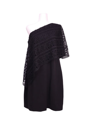 Lauren Ralph Lauren black one-shoulder dress featuring an intricate lace overlay and elegant knee-length silhouette