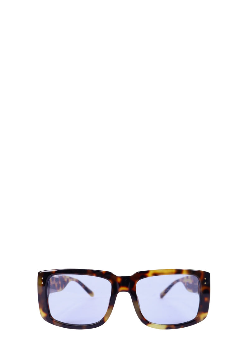 Authentic Linda Farrow tortoiseshell square sunglasses featuring premium acetate frames with blue gradient lenses and a bold contemporary designer silhouette