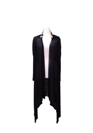 Roberto Cavalli black longline knit cardigan featuring an open waterfall front, long fitted sleeves, subtle horizontal textured detailing, and dramatic asymmetric pointed hem