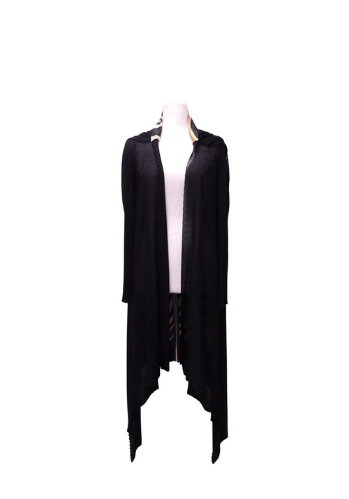 Roberto Cavalli black longline knit cardigan featuring an open waterfall front, long fitted sleeves, subtle horizontal textured detailing, and dramatic asymmetric pointed hem