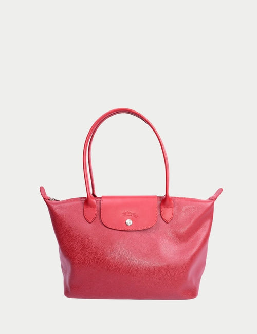 Longchamp red leather Le Pliage tote bag with top handles