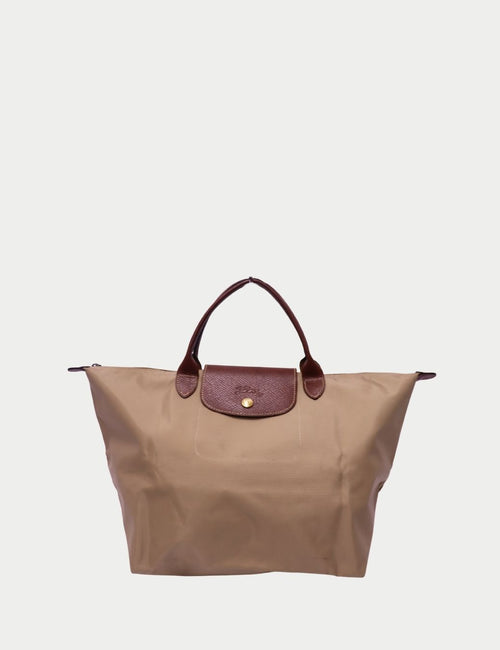 Longchamp Le Pliage Large Tote Bag in Taupe Nylon with Brown Leather Trim