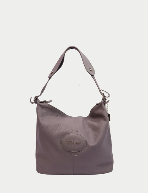 Longchamp Grey Textured Leather Tote Bag with Embossed Logo and Dual Shoulder Straps