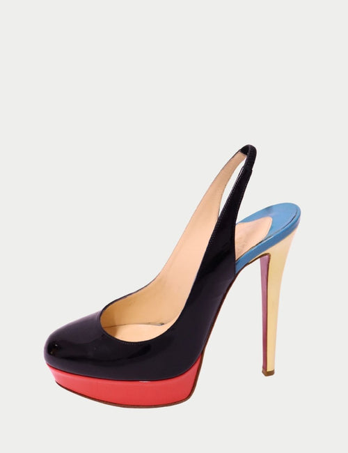 Christian Louboutin multicolor patent slingback platform pump with black upper, coral platform, yellow heel, and red sole