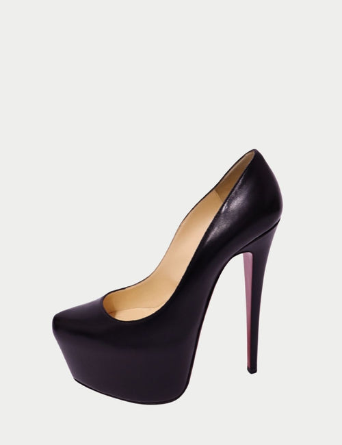 Christian Louboutin black leather platform pumps with ultra high stiletto heel and red sole