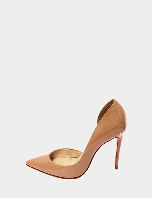 Designer nude patent Louboutin pointed-toe pumps