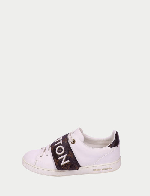 Louis Vuitton white leather sneakers with brown monogram strap