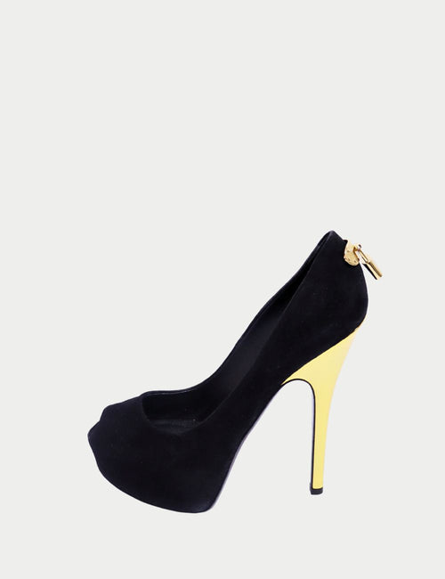 Louis Vuitton black suede peep-toe pumps with gold stiletto heel and LV padlock detail