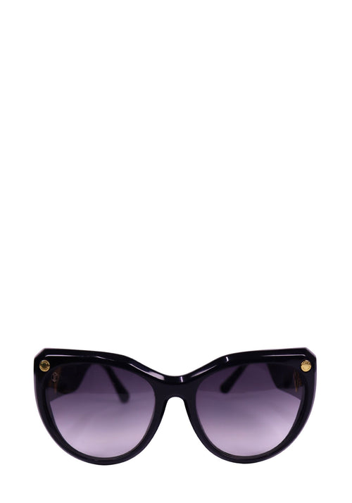 Louis Vuitton oversized black acetate sunglasses with gold LV logo detail on temples