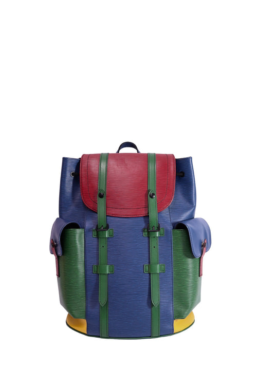 Louis Vuitton Christopher backpack in multicolor Epi leather featuring a blue body, green straps and side pockets, red flap, and yellow base accents.