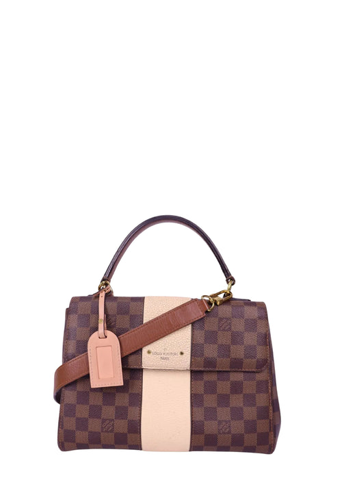 Louis Vuitton Damier Ebene top handle bag with beige leather center panel and detachable shoulder strap