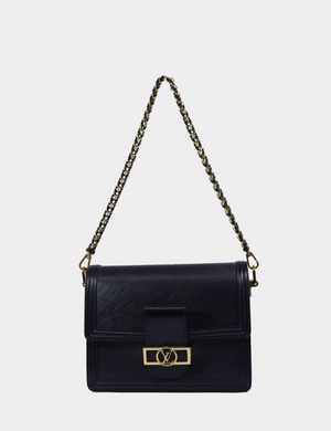 Louis Vuitton Dauphine shoulder bag in black Epi leather with gold LV buckle and chain strap

