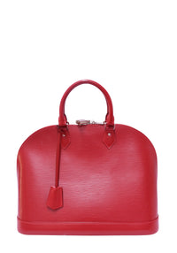 Louis Vuitton Alma GM handbag in red textured Epi leather with rolled top handles, silver-tone hardware and leather clochette