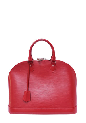 Louis Vuitton Alma GM handbag in red textured Epi leather with rolled top handles, silver-tone hardware and leather clochette