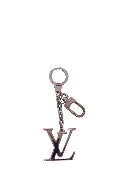 Authentic Louis Vuitton LV Initials silver-tone metal bag charm and key holder with engraved key ring and lobster clasp.