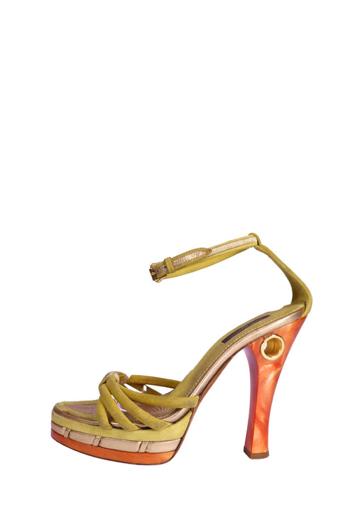Louis Vuitton suede multicolor heeled sandals with marble effect heel and ankle strap