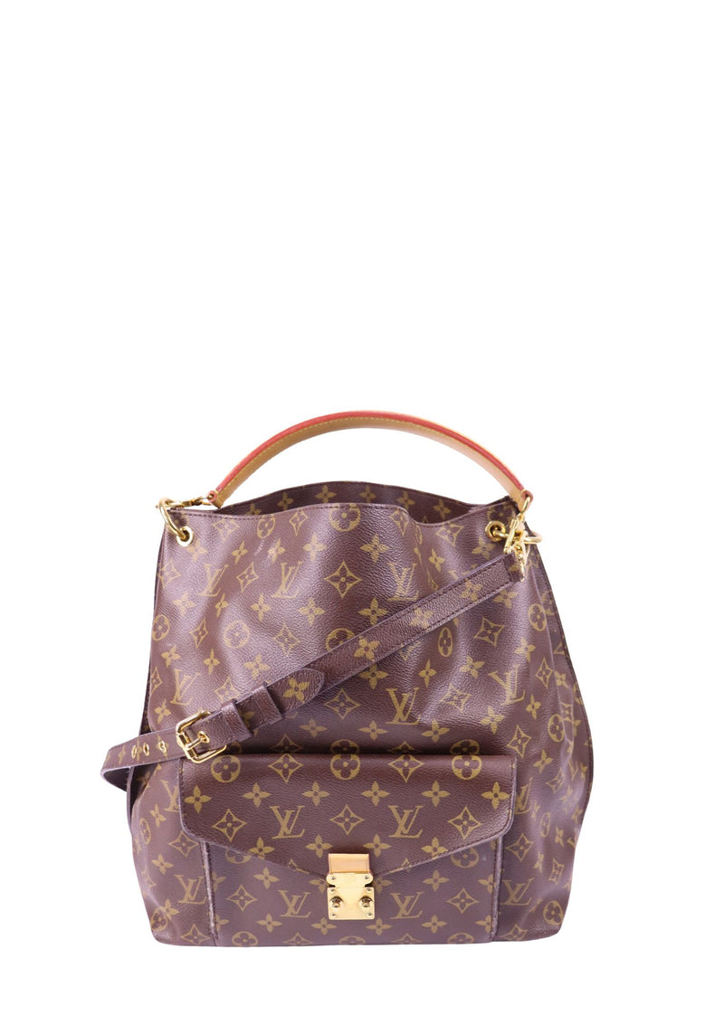 Louis Vuitton Métis Hobo shoulder bag in Monogram canvas with leather trim, adjustable strap, and gold-tone lock closure.