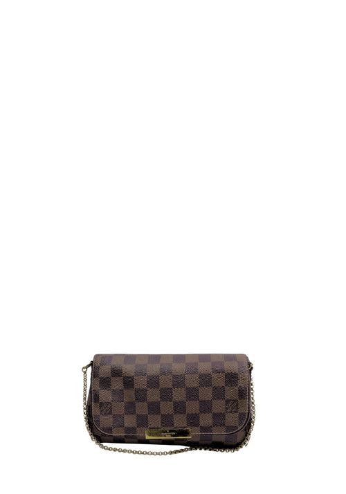 Louis Vuitton Favorite PM bag in Damier Ebene canvas featuring a flap-front design, gold-tone hardware, and chain shoulder strap.