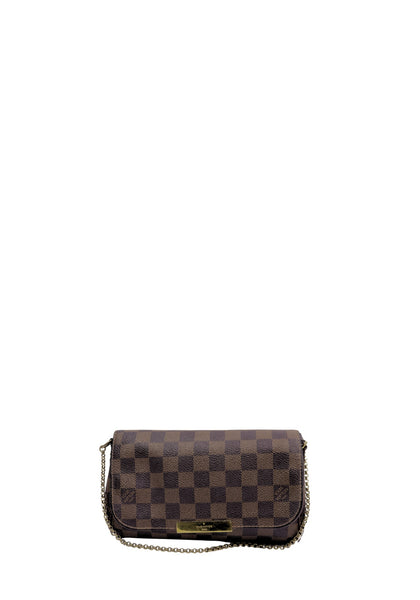 Louis Vuitton Favorite PM bag in Damier Ebene canvas featuring a flap-front design, gold-tone hardware, and chain shoulder strap.