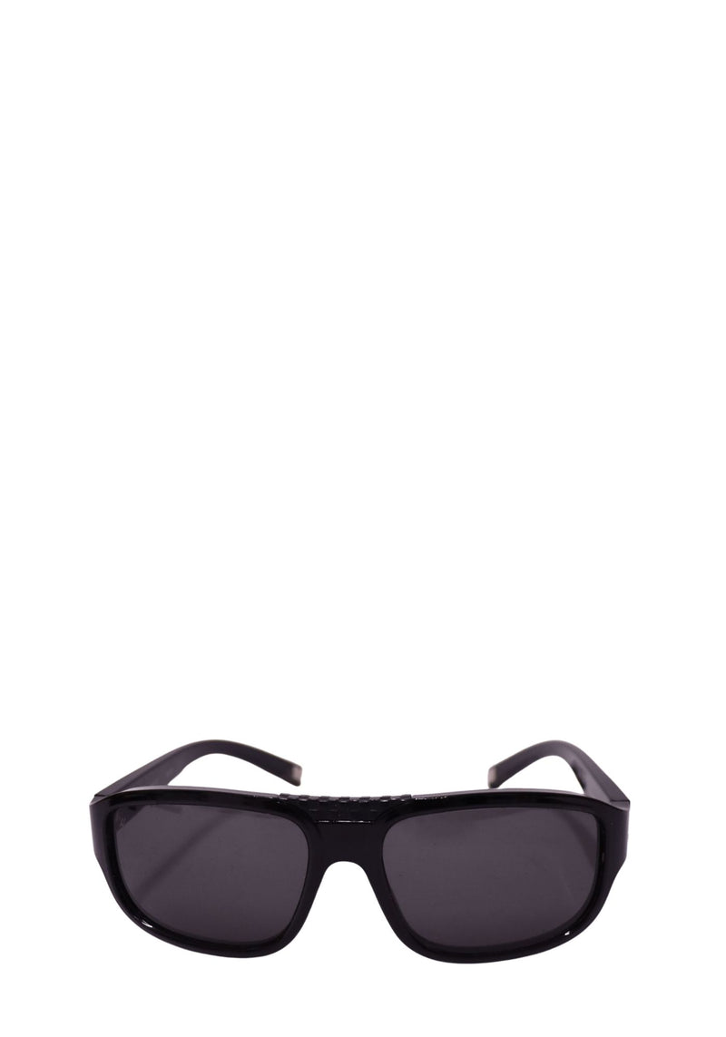 Louis Vuitton black rectangular sunglasses with dark grey tinted lenses, glossy thick frame and sculpted temples