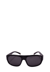 Louis Vuitton black rectangular sunglasses with dark grey tinted lenses, glossy thick frame and sculpted temples