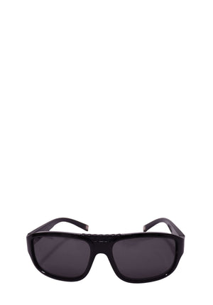 Louis Vuitton black rectangular sunglasses with dark grey tinted lenses, glossy thick frame and sculpted temples