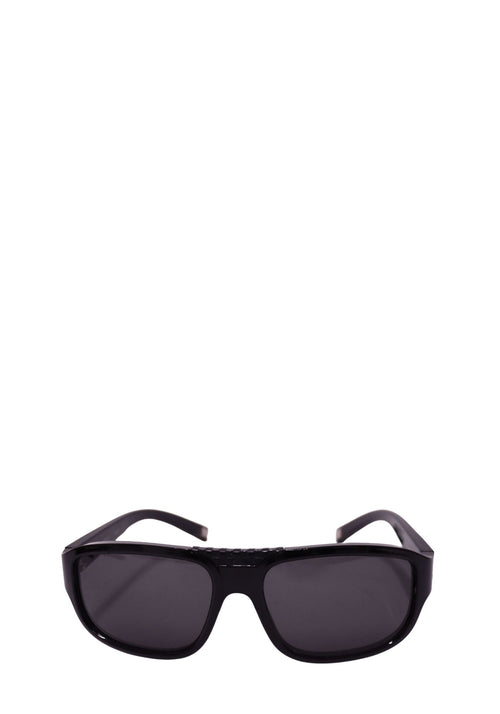 Louis Vuitton black rectangular sunglasses with dark grey tinted lenses, glossy thick frame and sculpted temples