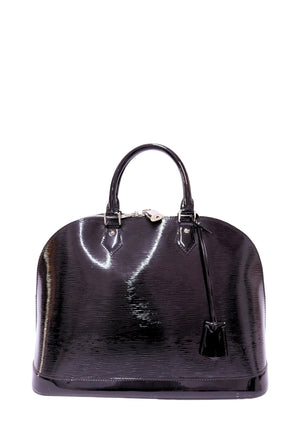 Authentic Louis Vuitton Alma GM handbag in black Noir Electric Epi patent leather with silver-tone hardware and rolled leather top handles.