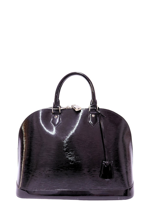 Authentic Louis Vuitton Alma GM handbag in black Noir Electric Epi patent leather with silver-tone hardware and rolled leather top handles.