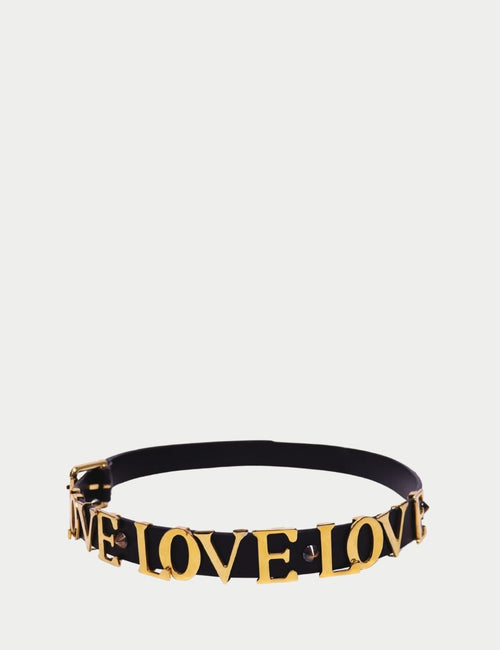 Black leather statement belt by Dolce & Gabbana featuring gold-tone “LOVE” letter hardware and adjustable buckle closure