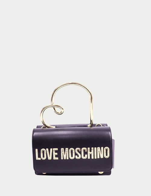 Love Moschino black mini top handle bag with gold logo lettering and sculptural handle