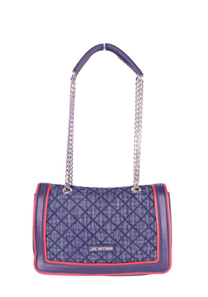 Love Moschino blue denim quilted shoulder bag with purple and red trim, silver-tone chain straps, and front logo plaque