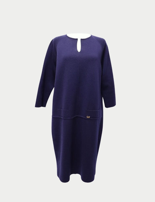 Luisa Spagnoli navy long-sleeve knit dress with split neckline and gold LS logo
