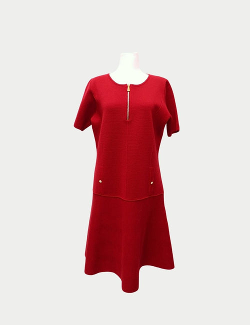 Luisa Spagnoli red knit dress with gold zipper and pocket details