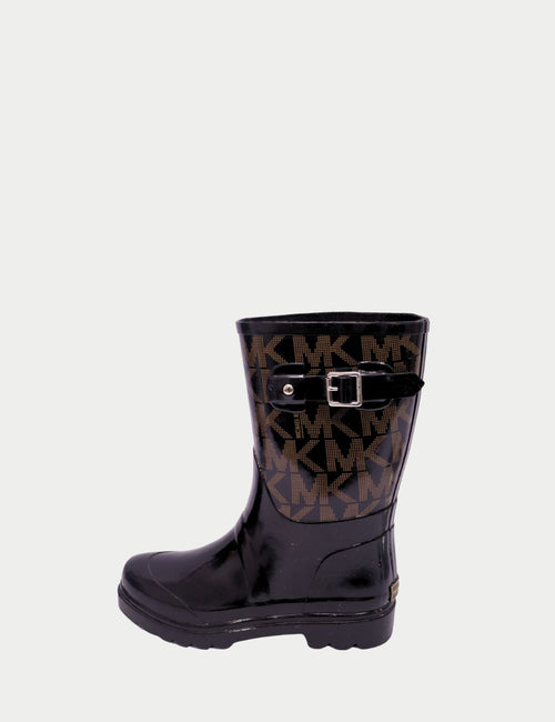Michael Kors black glossy rain boots with MK monogram print and side buckle strap
